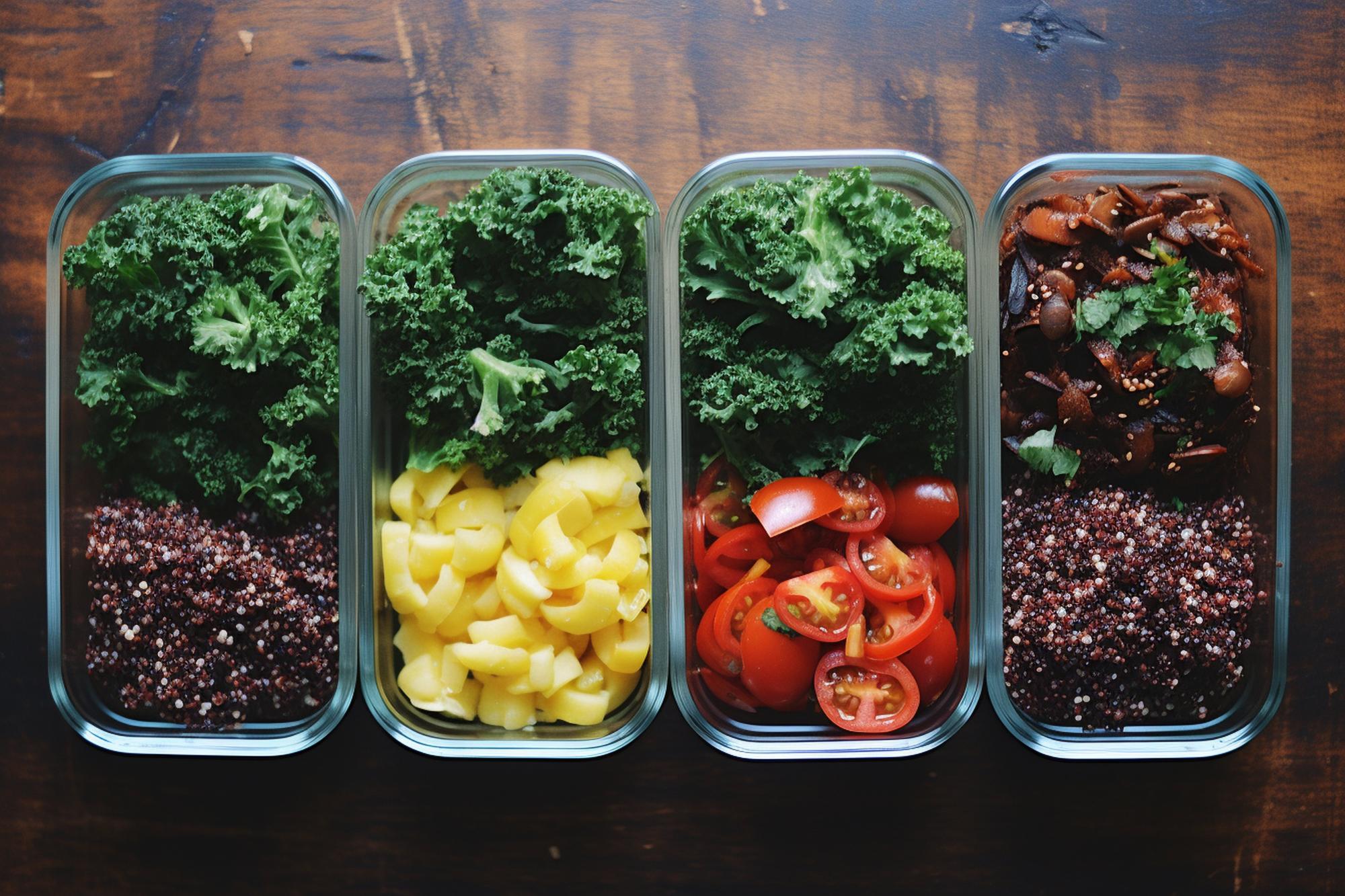 Box of pre-portioned vegetables and proteins labeled for quick cooking